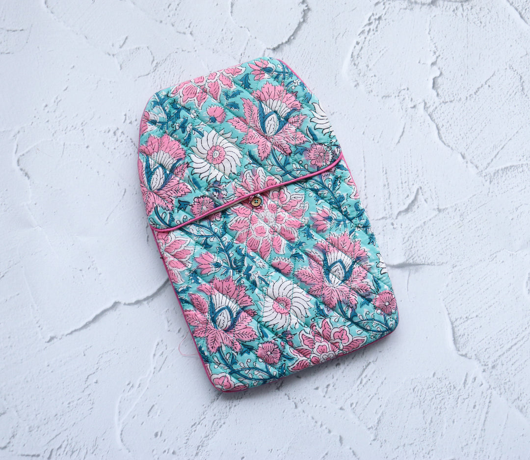 Quilted Hot Water Bag Covers - Block print hot water bottle covers - Turquoise garden