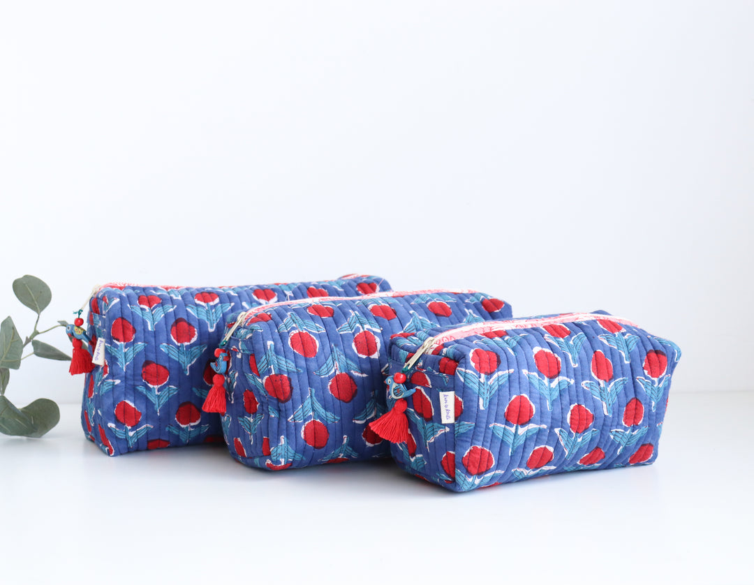 Block print make up bags - Set of 3 - Blue Berry