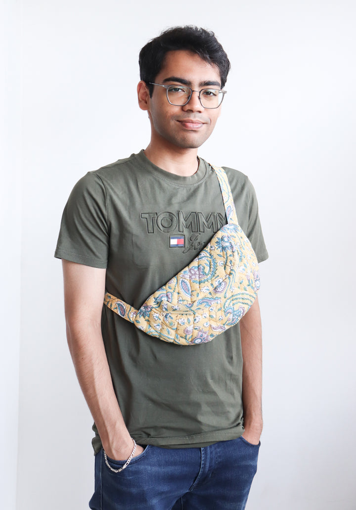 Block print belt bags - Fanny pack unisex - Light Yellow floral