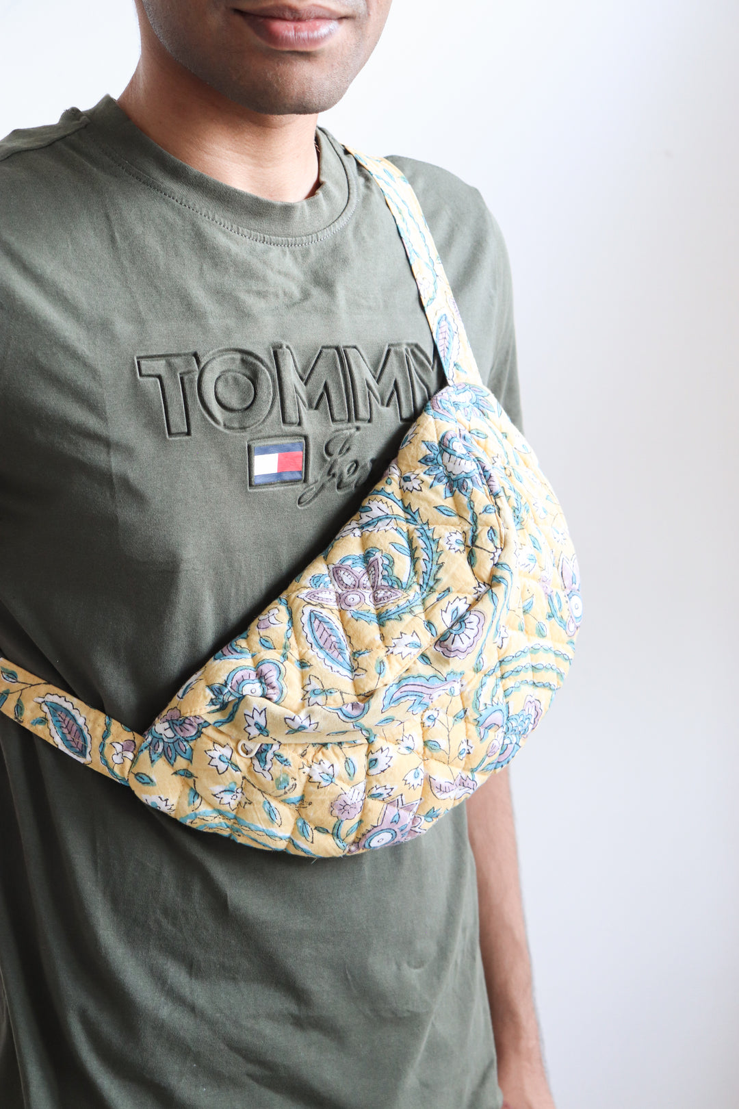 Block print belt bags - Fanny pack unisex - Light Yellow floral