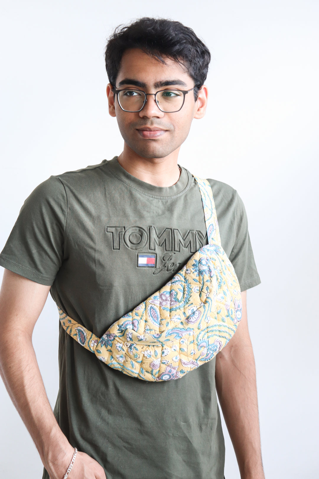 Block print belt bags - Fanny pack unisex - Light Yellow floral