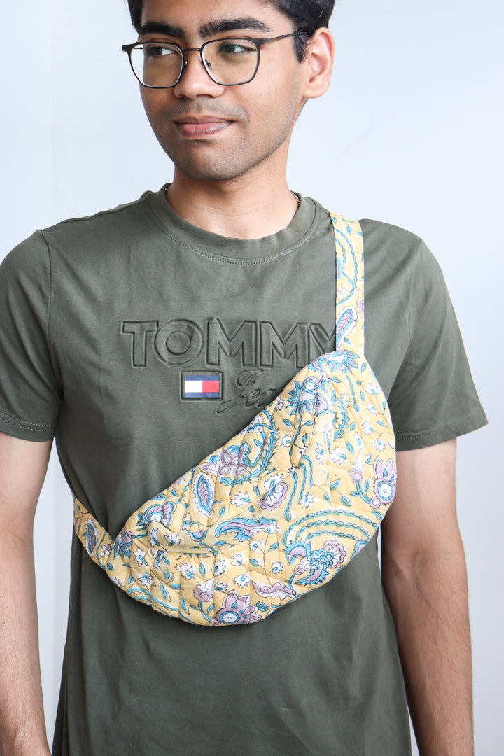 Block print belt bags - Fanny pack unisex - Light Yellow floral