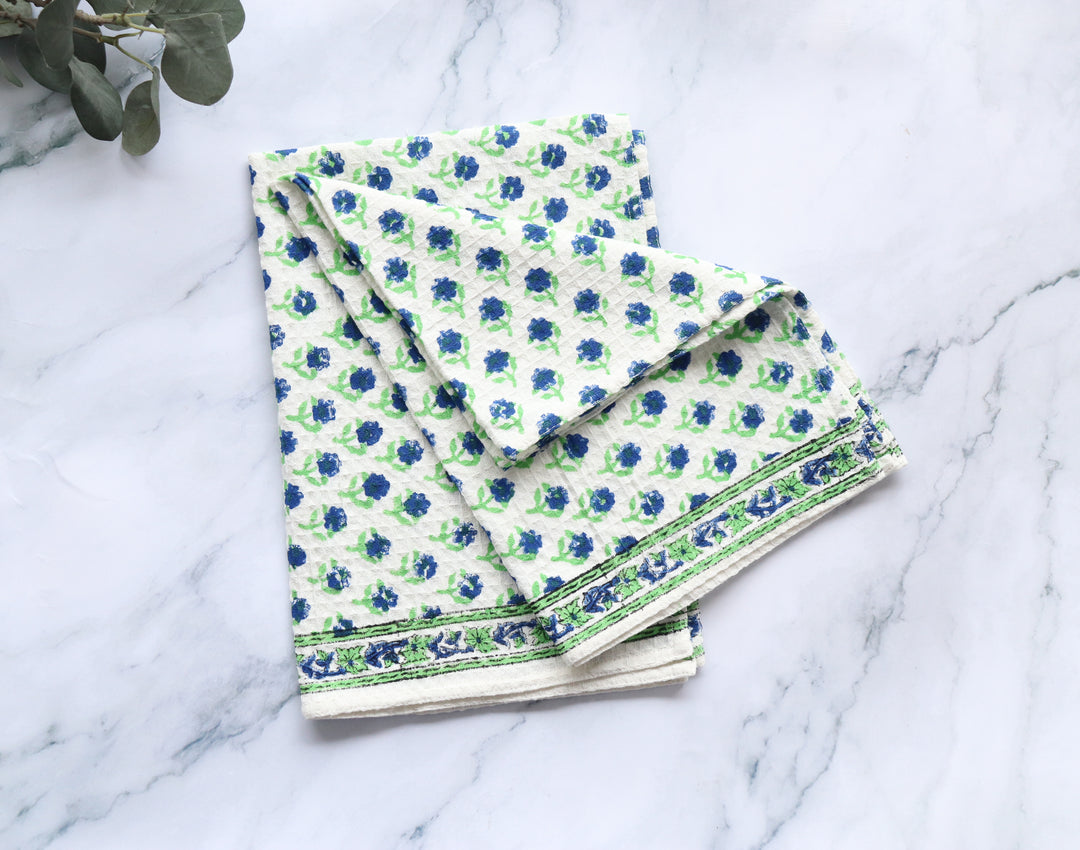 Set of 2 waffle kitchen towels - Block print dish towels - Small blue booti