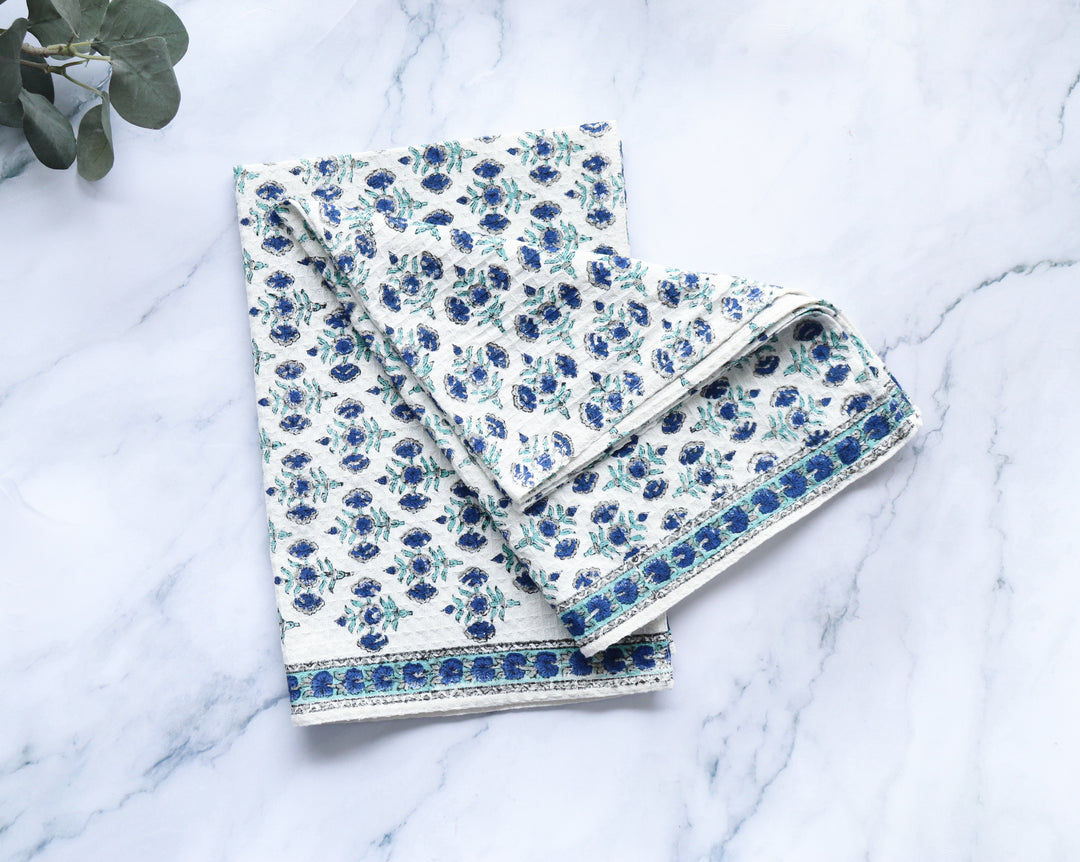 Set of 2 waffle kitchen towels - Block print dish towels - Indigo Booti