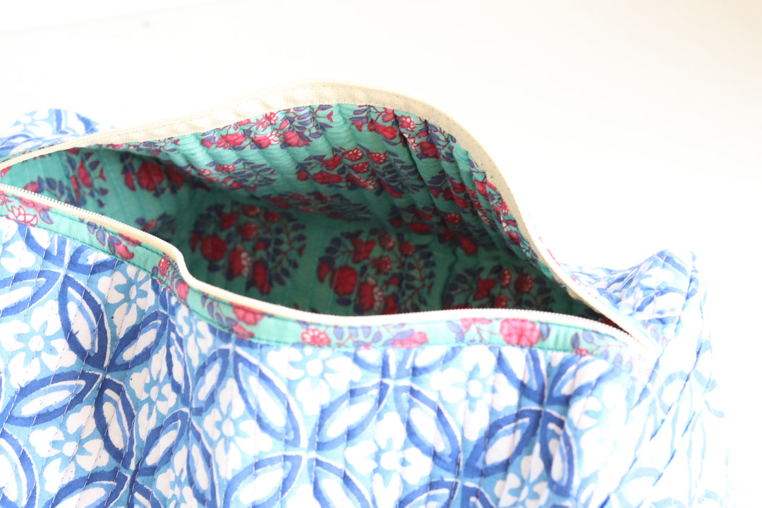 Large Cosmetic bag - Makeup bag - Block print fabric travel pouch-  Blue Geometric