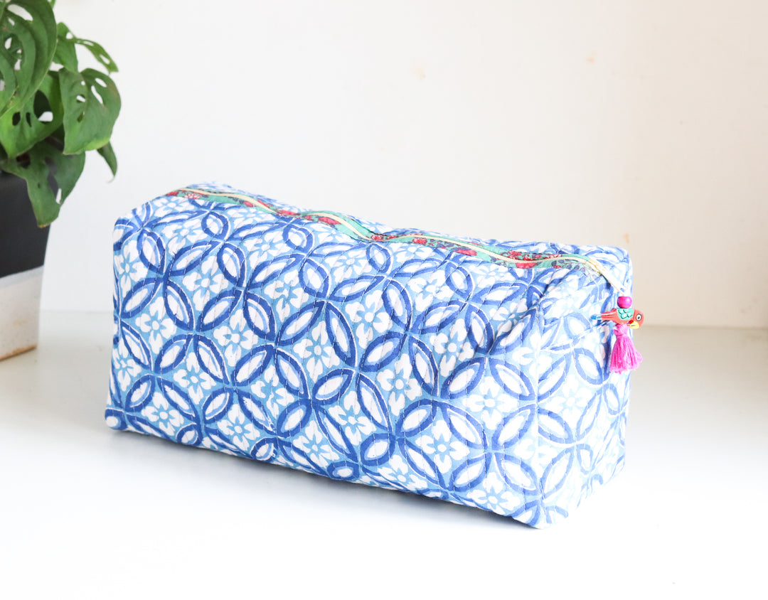 Large Cosmetic bag - Makeup bag - Block print fabric travel pouch-  Blue Geometric