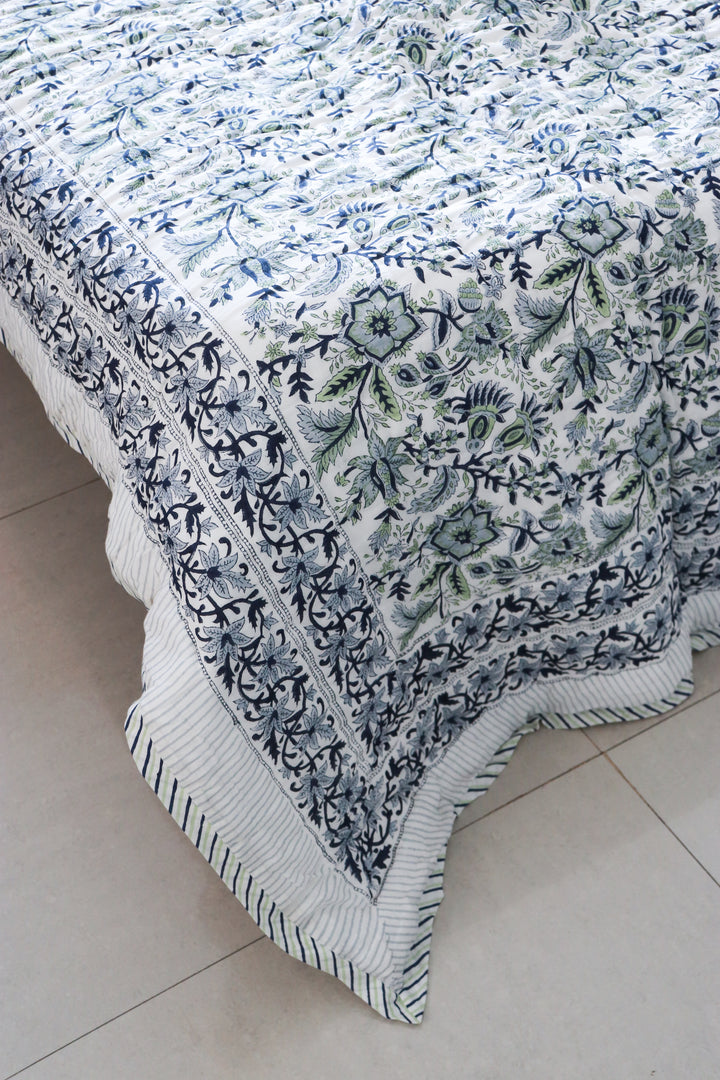 Blooming Meadows Block print quilt - Blue and green AC quilt - Queen and single