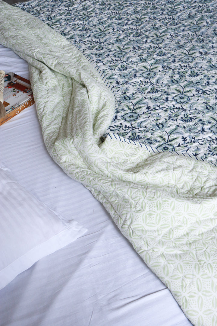 Blooming Meadows Block print quilt - Blue and green AC quilt - Queen and single