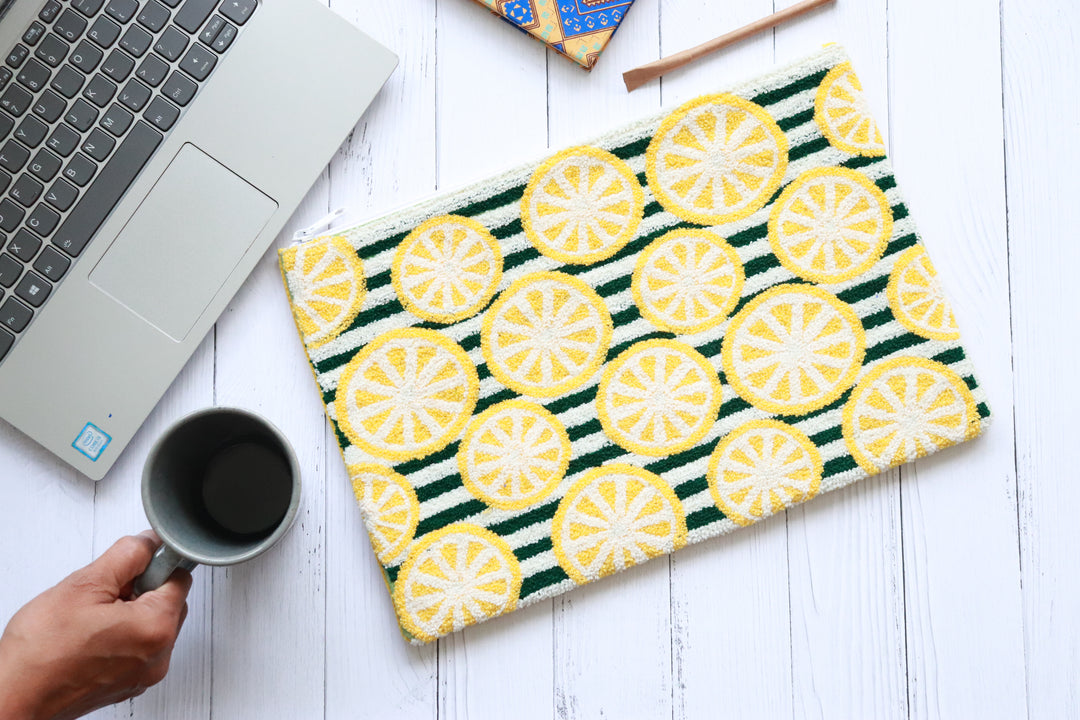 Embroidered Kindle sleeve - Tablet sleeve - Lemons and stripes - 8 inches