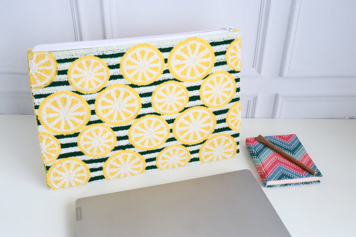 Embroidered Kindle sleeve - Tablet sleeve - Lemons and stripes - 8 inches