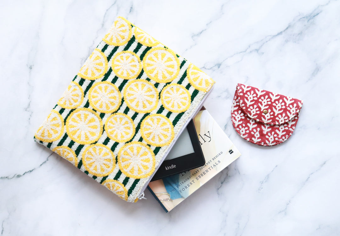 Embroidered Kindle sleeve - Tablet sleeve - Lemons and stripes - 8 inches