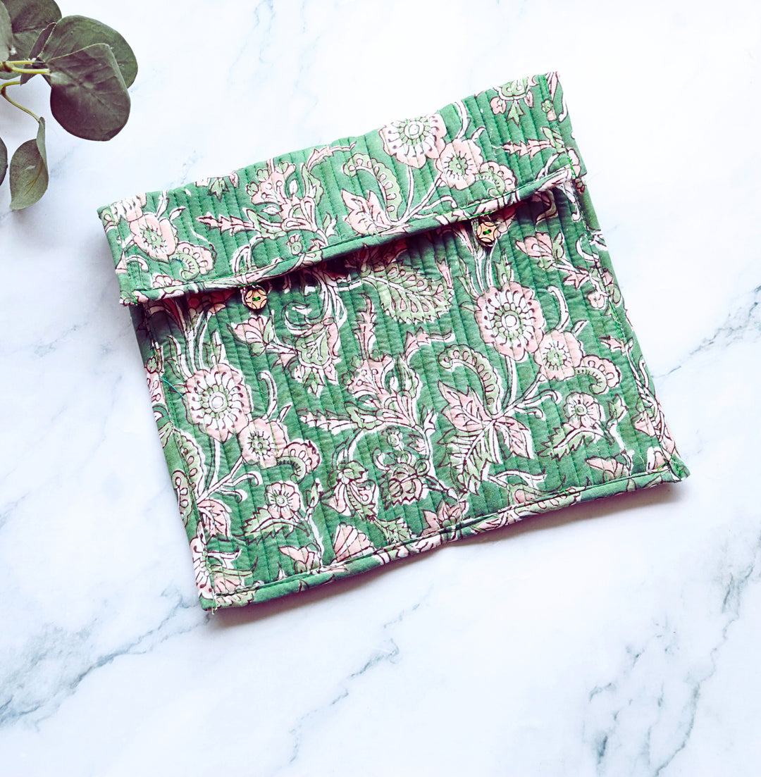 Block print iPad sleeves - Tablet sleeve cover - Green floral