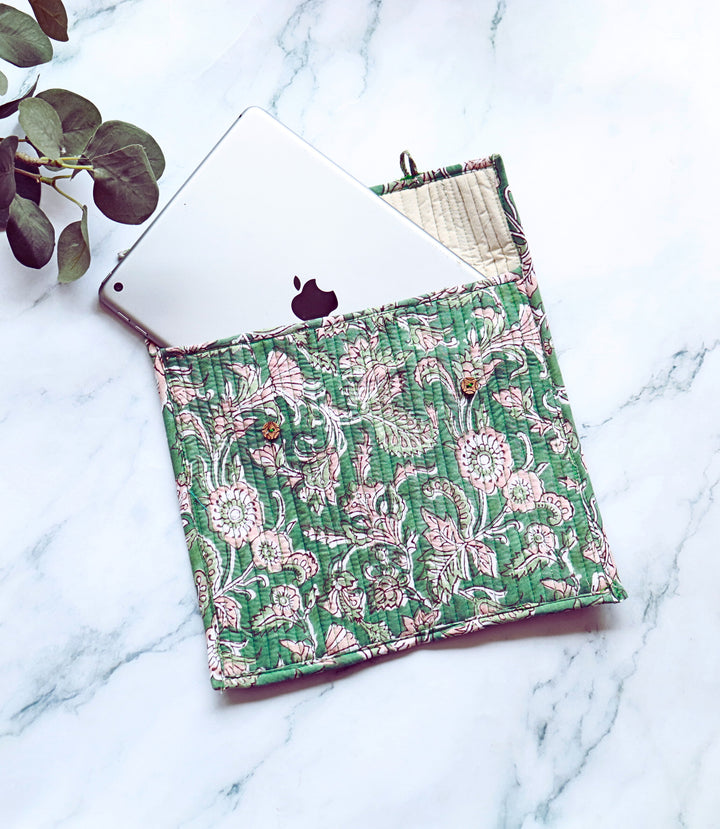 Block print iPad sleeves - Tablet sleeve cover - Green floral