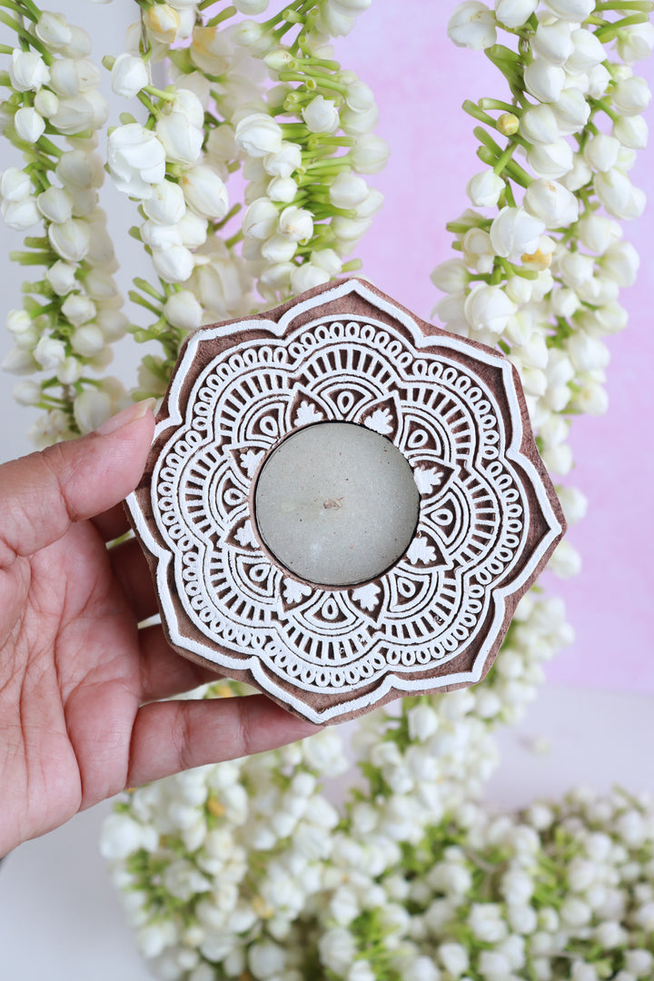 Wood Block Carved tea light holders in a gift box - Eco friendly Diwali gifts - Marigold - Set of 2