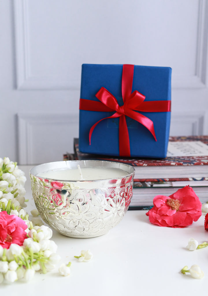 Silver Embossed Floral metal work scented candle in a gift box - Eco friendly Diwali gifts