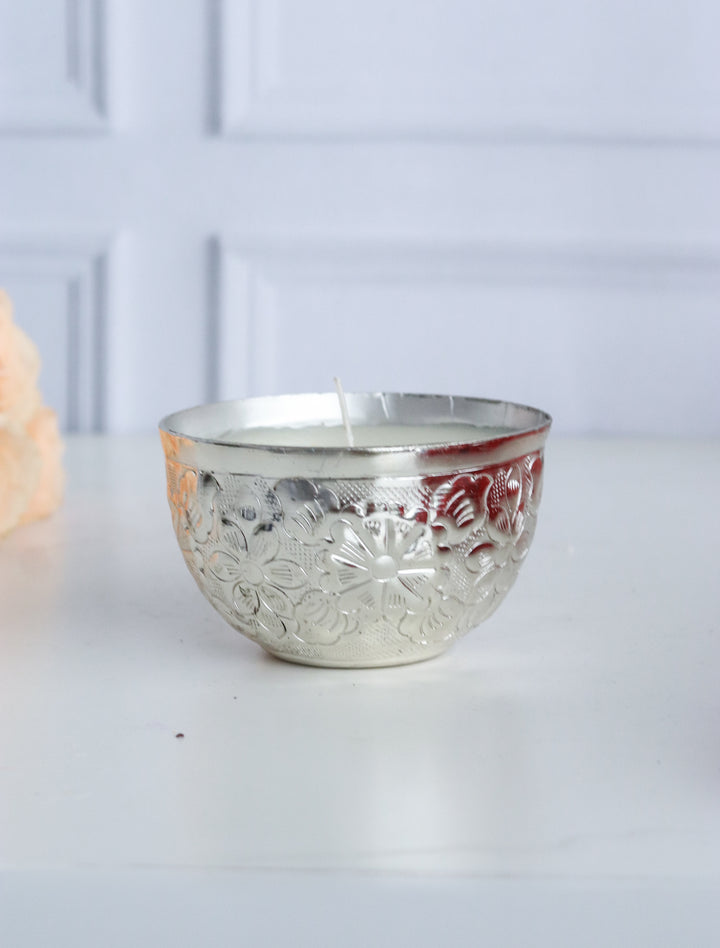 Silver Embossed Floral metal work scented candle in a gift box - Eco friendly Diwali gifts