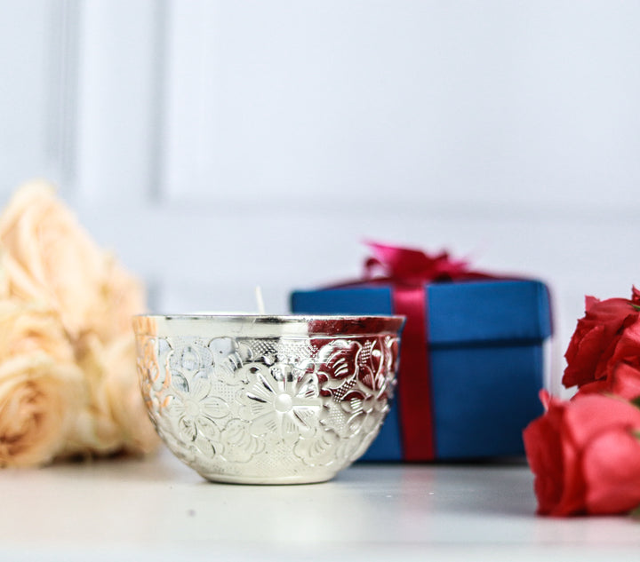 Silver Embossed Floral metal work scented candle in a gift box - Eco friendly Diwali gifts