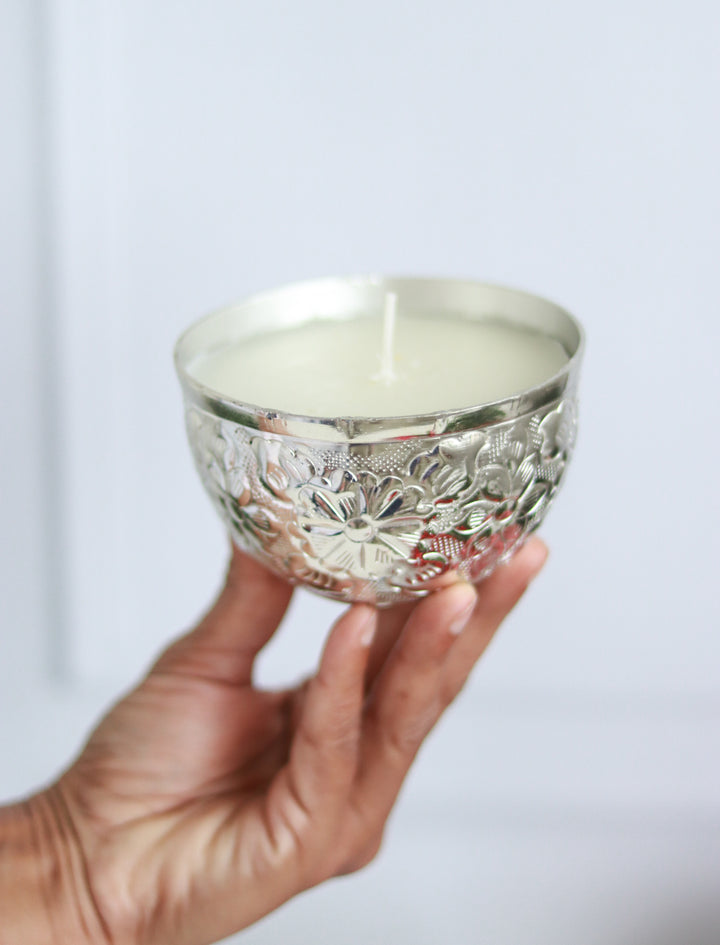 Silver Embossed Floral metal work scented candle in a gift box - Eco friendly Diwali gifts