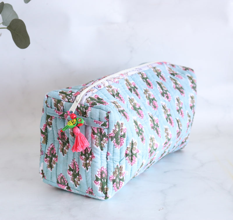 Medium Cosmetic bag - Makeup bag - Block print fabric travel pouch- Turquoise booti