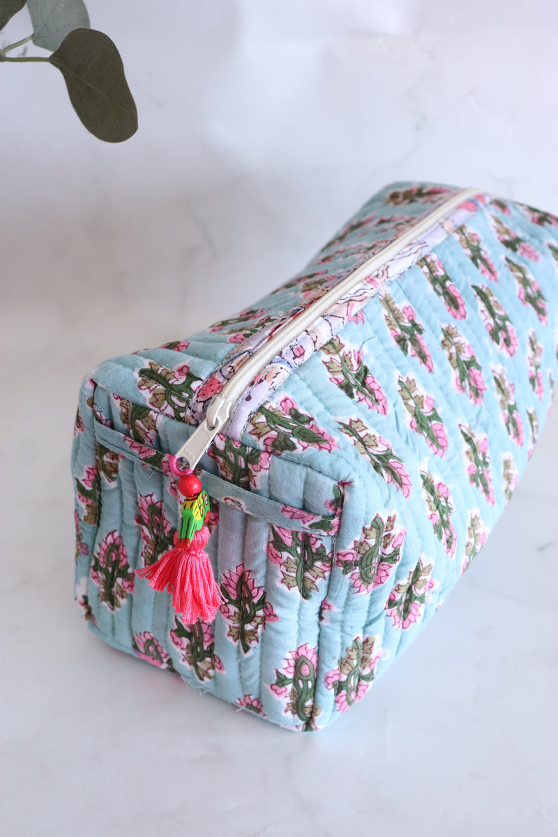 Medium Cosmetic bag - Makeup bag - Block print fabric travel pouch- Turquoise booti