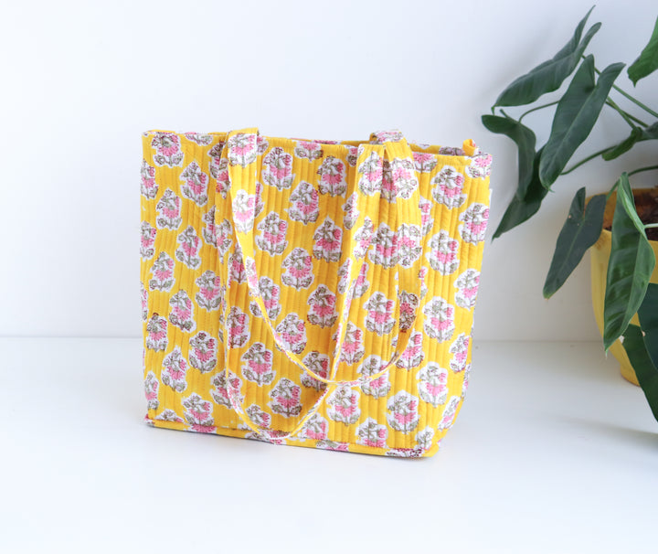 Block print tote bag - Boho quilted women's bags - shopping bag - Women's handbag - Yellow