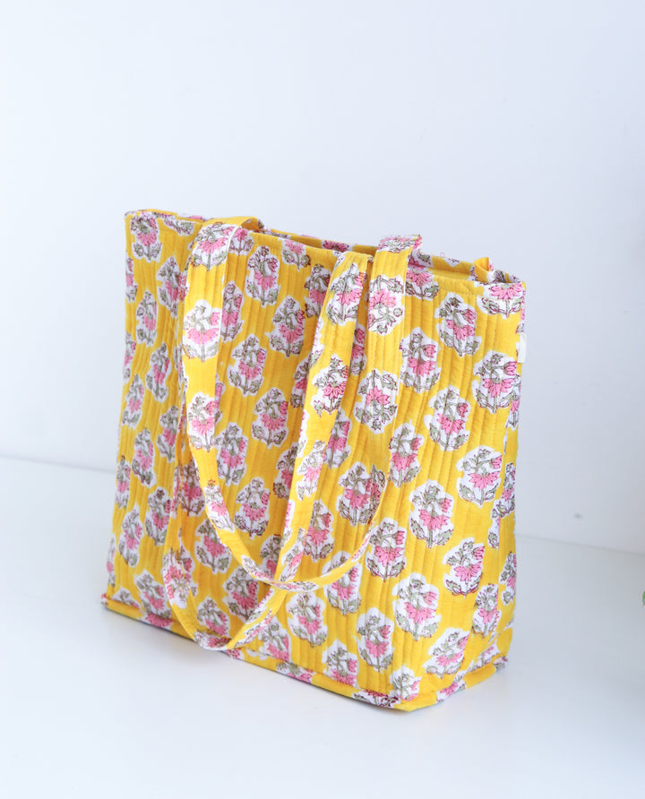 Block print tote bag - Boho quilted women's bags - shopping bag - Women's handbag - Yellow