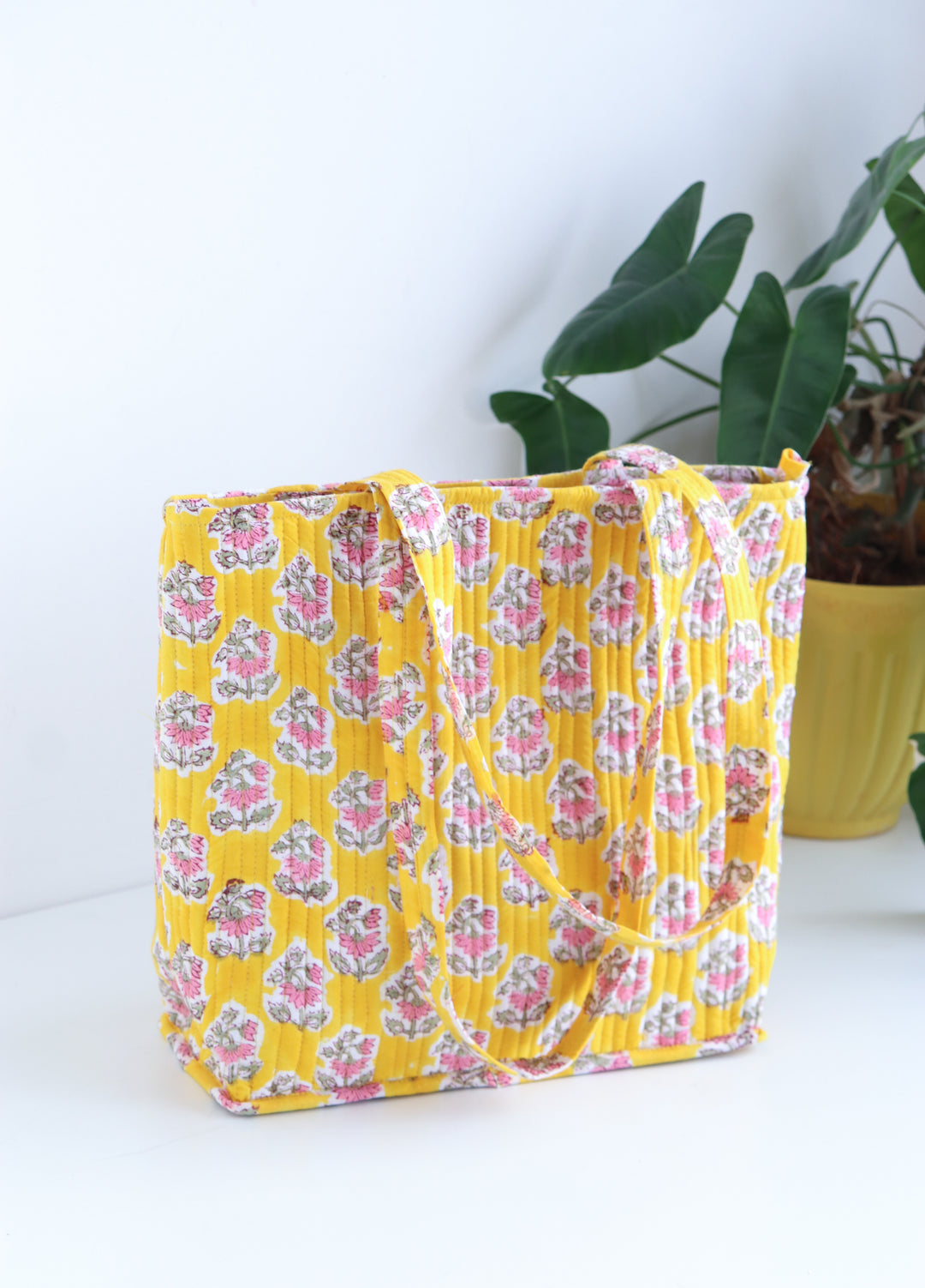 Block print tote bag - Boho quilted women's bags - shopping bag - Women's handbag - Yellow