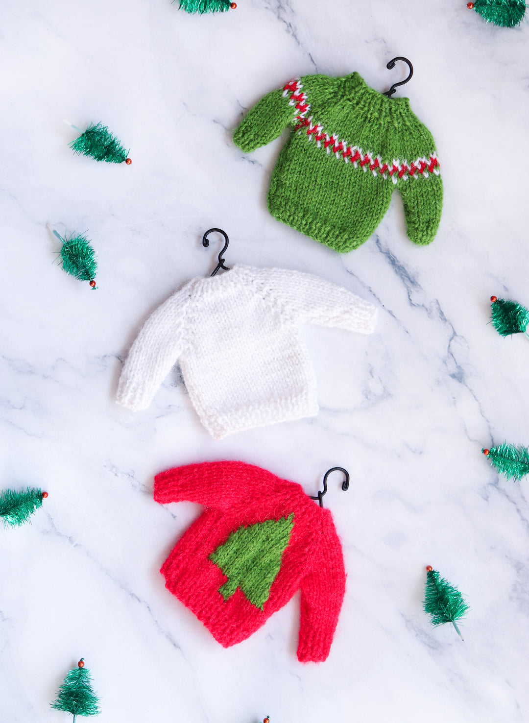 Christmas mini Sweater ornaments - Hand knitted little sweaters - Set of 3