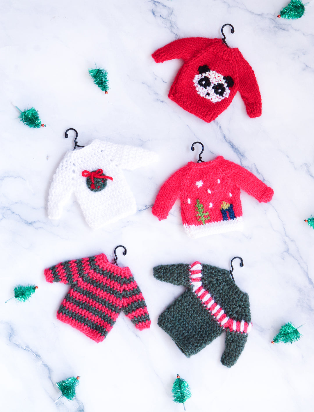 Christmas mini Sweater ornaments - Hand knitted little sweaters - Set of 5