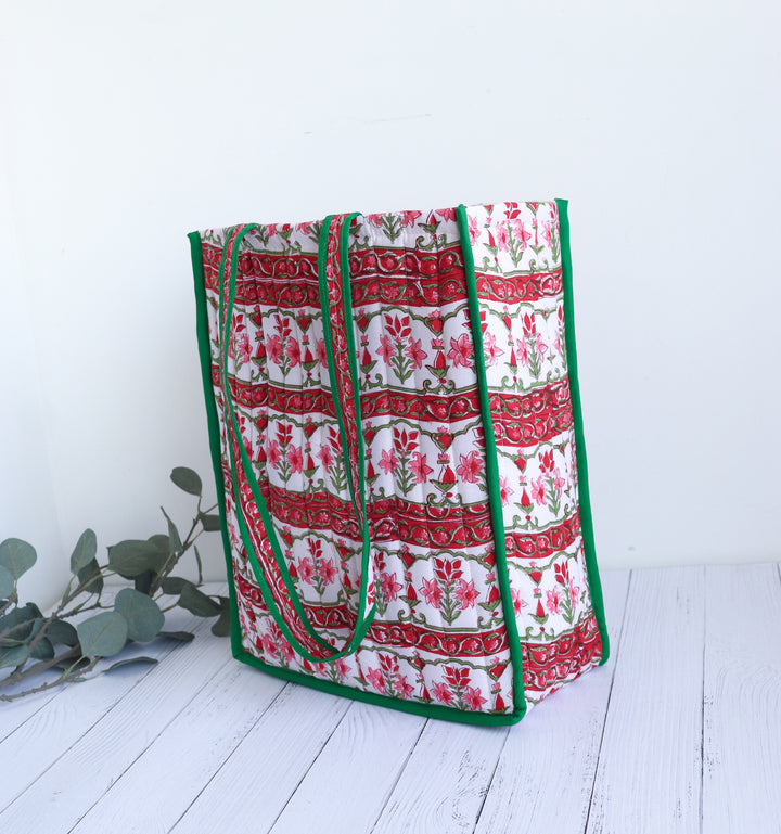 Block print quilted shopping bag - Boho tote bag for women - Red and Green