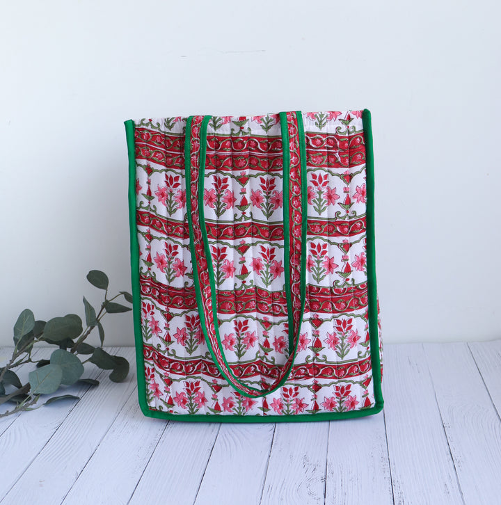 Block print quilted shopping bag - Boho tote bag for women - Red and Green