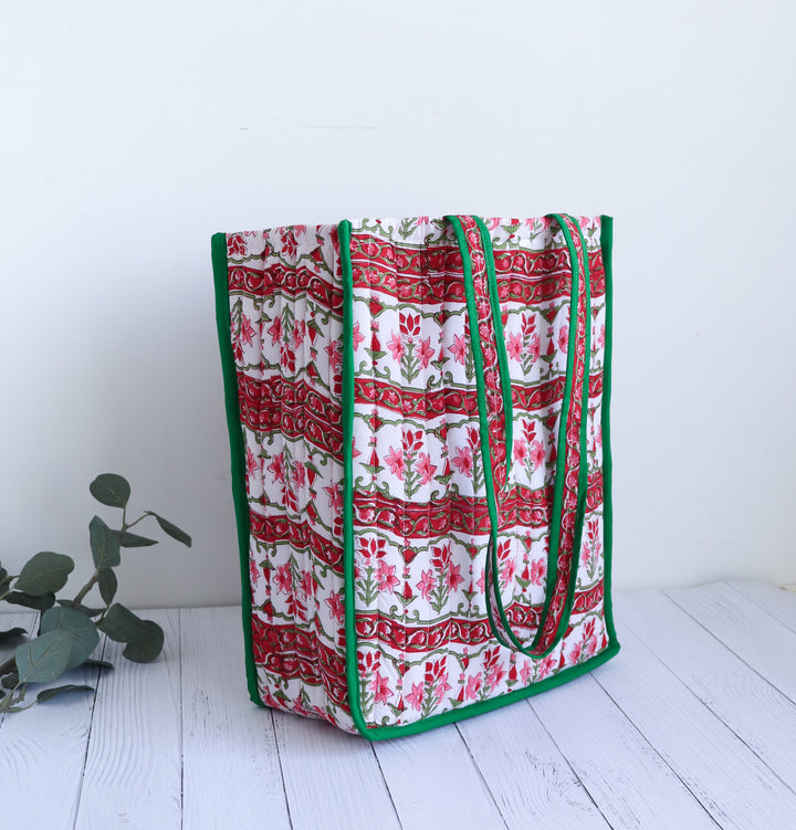 Block print quilted shopping bag - Boho tote bag for women - Red and Green