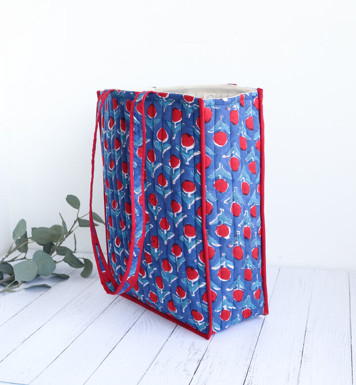 Block print tote bag - Boho quilted Reusable Shopping bag - Dark Blue & Red