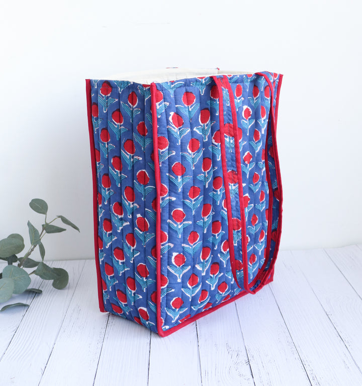 Block print tote bag - Boho quilted Reusable Shopping bag - Dark Blue & Red