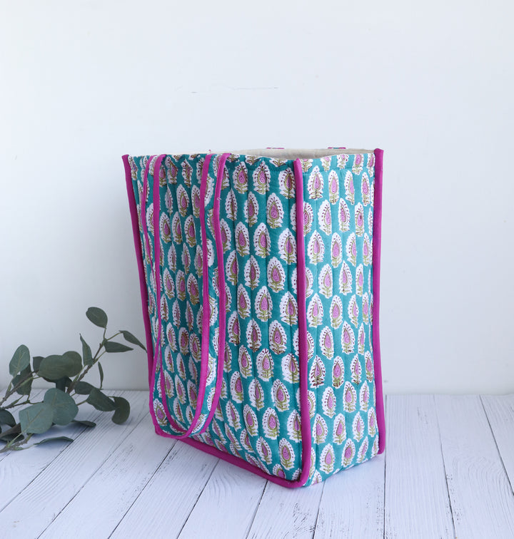 Block print quilted shopping bag - Boho tote bag for women - Turquoise