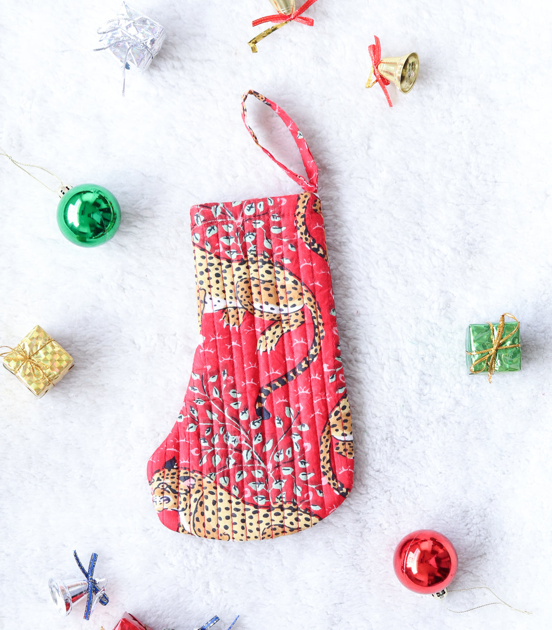 Mini Christmas stocking - Quilted Christmas Hanging Decoration - Happy Cheetah