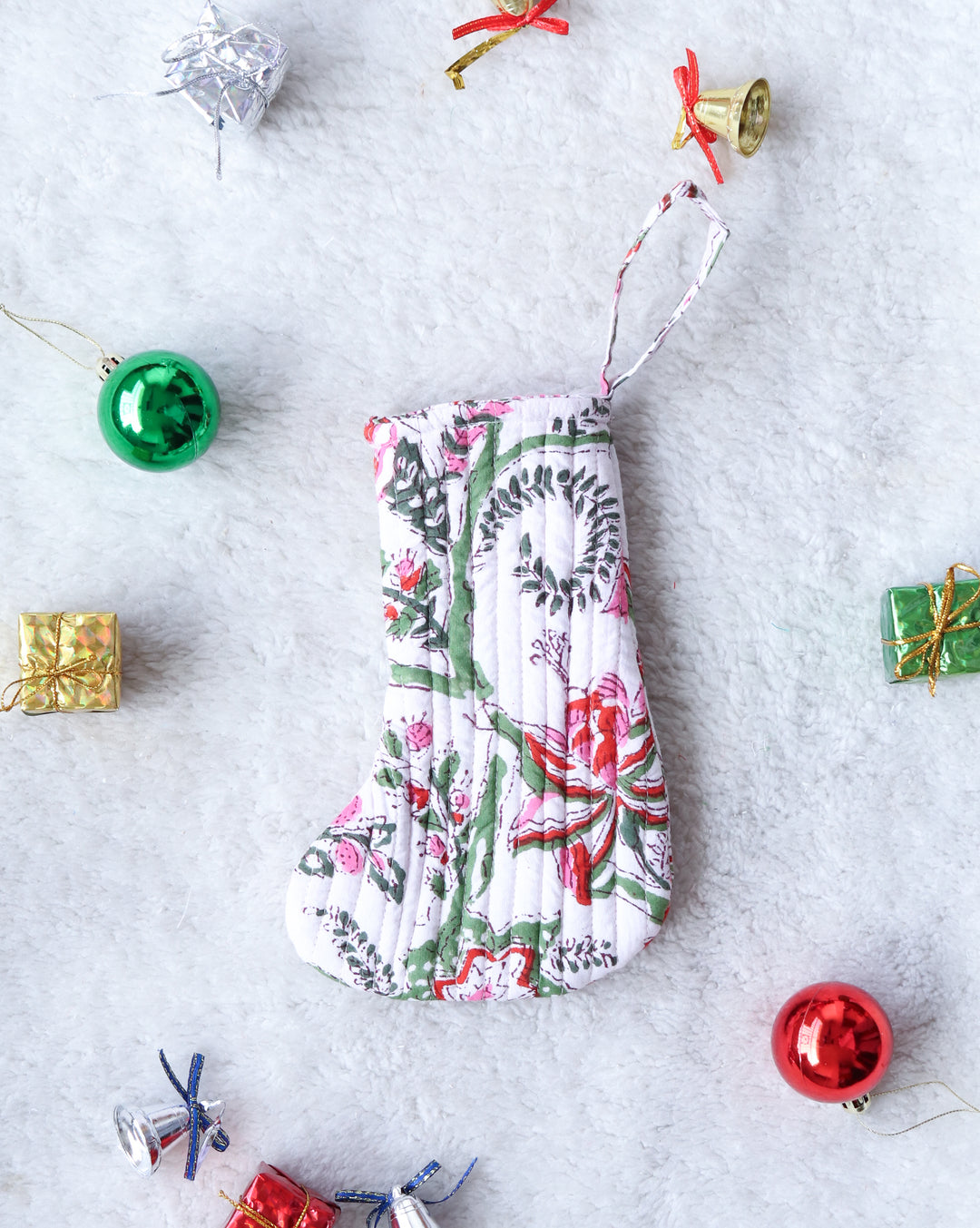 Mini Christmas stocking - Quilted Christmas Hanging Decoration - Snowball