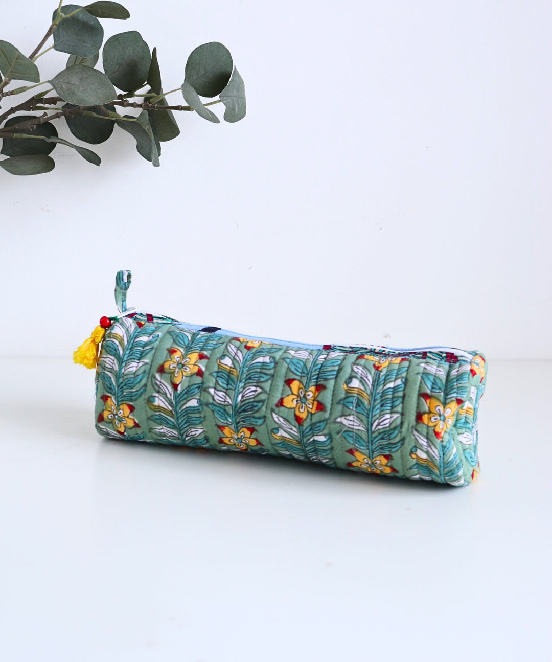 Quilted round pencil cases - Block print pouches - Green Floral