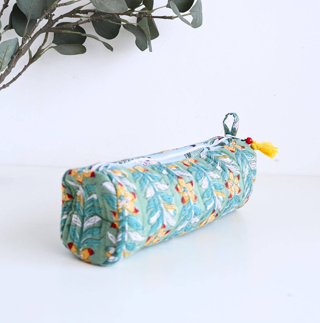 Quilted round pencil cases - Block print pouches - Green Floral