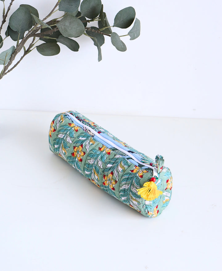 Quilted round pencil cases - Block print pouches - Green Floral