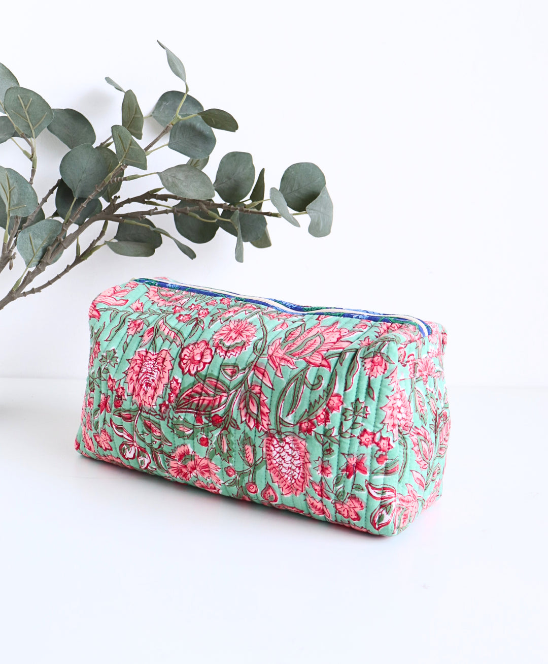 Large Cosmetic bag - Makeup bag - Block print fabric travel pouch-  Green all over floral