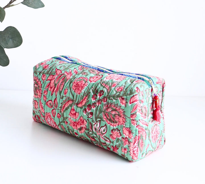 Large Cosmetic bag - Makeup bag - Block print fabric travel pouch-  Green all over floral