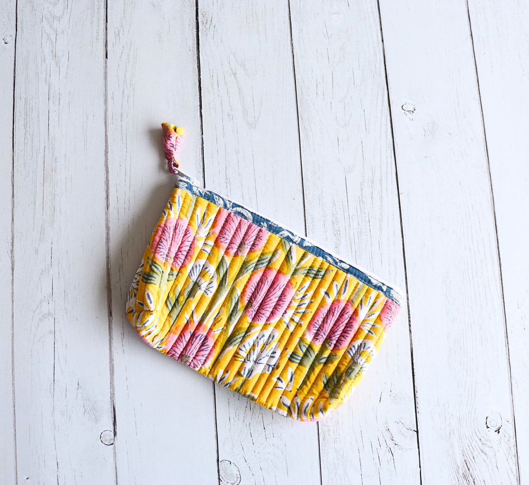 Quilted utility pouches - Block print pencil pouches - Yellow floral