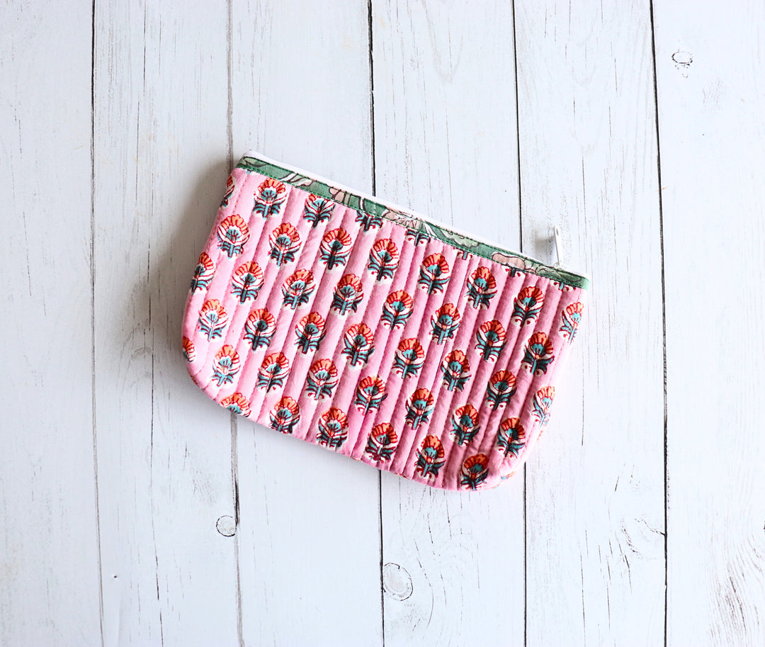 Quilted utility pouch - Block print travel pouch - Pink