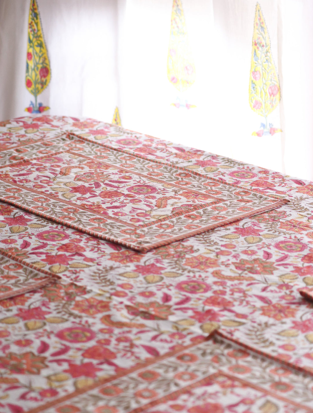 Orange Blossom tablecloth - 4 seater block print table cover - 46x46 inches