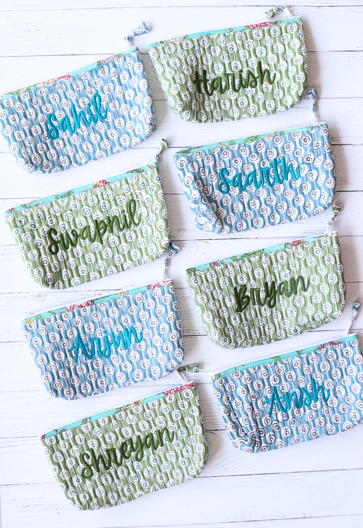 Personalized Block print pencil pouches - Quilted utility pouches with custom names