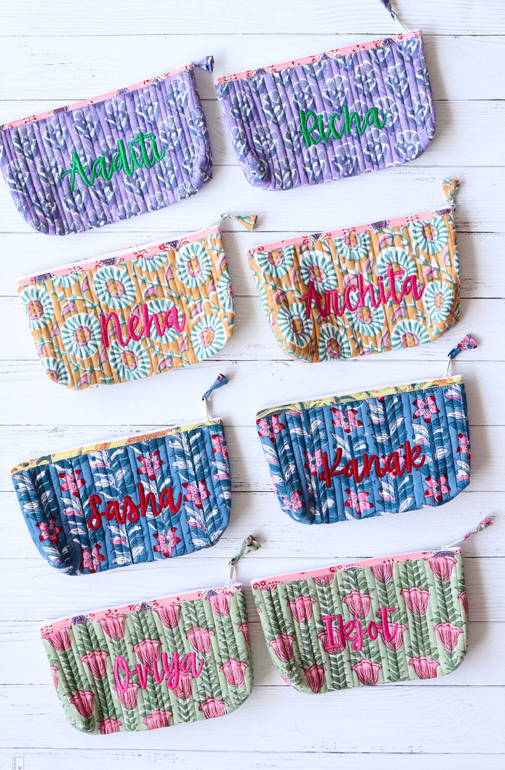 Personalized Block print pencil pouches - Quilted utility pouches with custom names