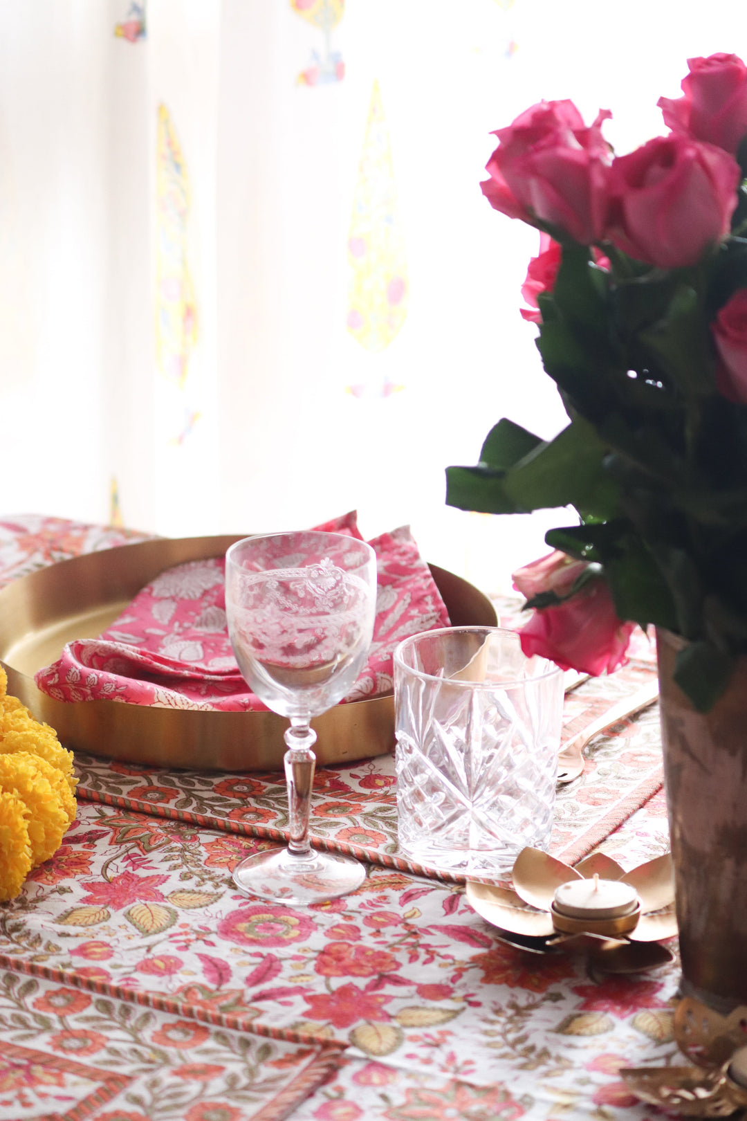 Orange Blossom tablecloth - 4 seater block print table cover - 46x46 inches