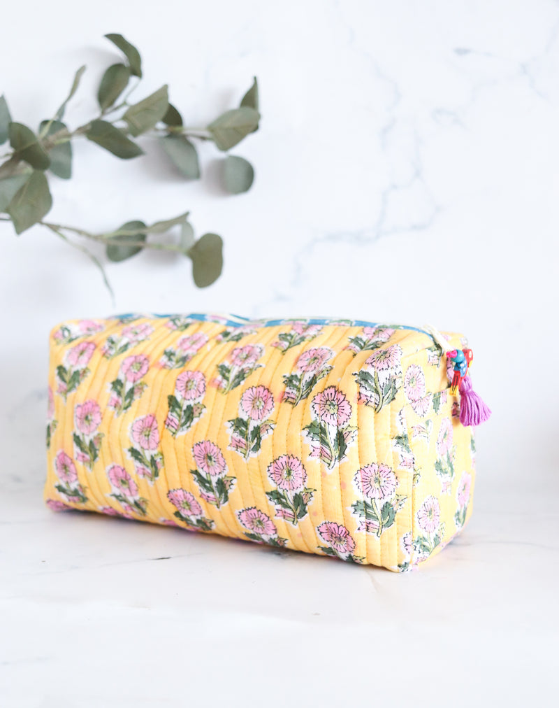 Large Cosmetic bag - Makeup bag - Block print fabric travel pouch- Yellow Sunshine