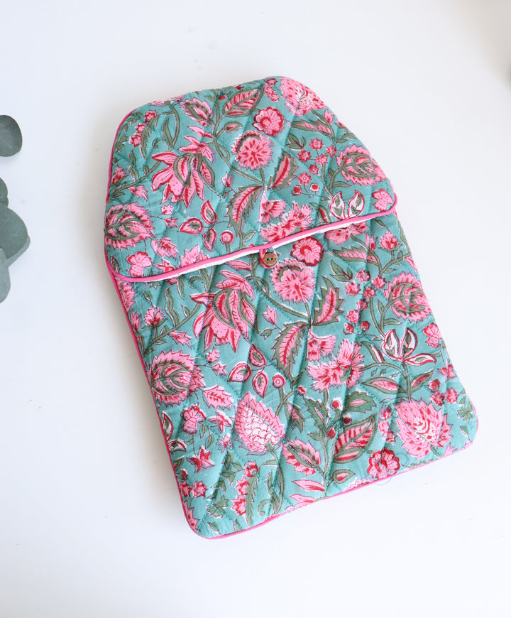 Quilted Hot Water Bag Covers - Block print hot water bottle covers - Green Pink Floral